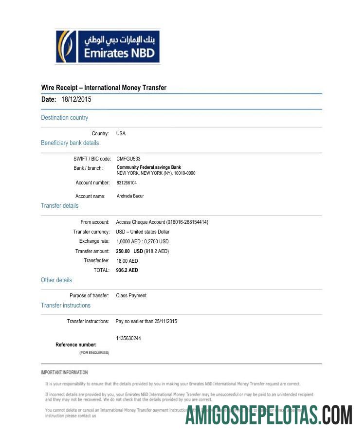 Transferência de dinheiro internacional NBD dos Emirados Árabes Unidos exemplo real